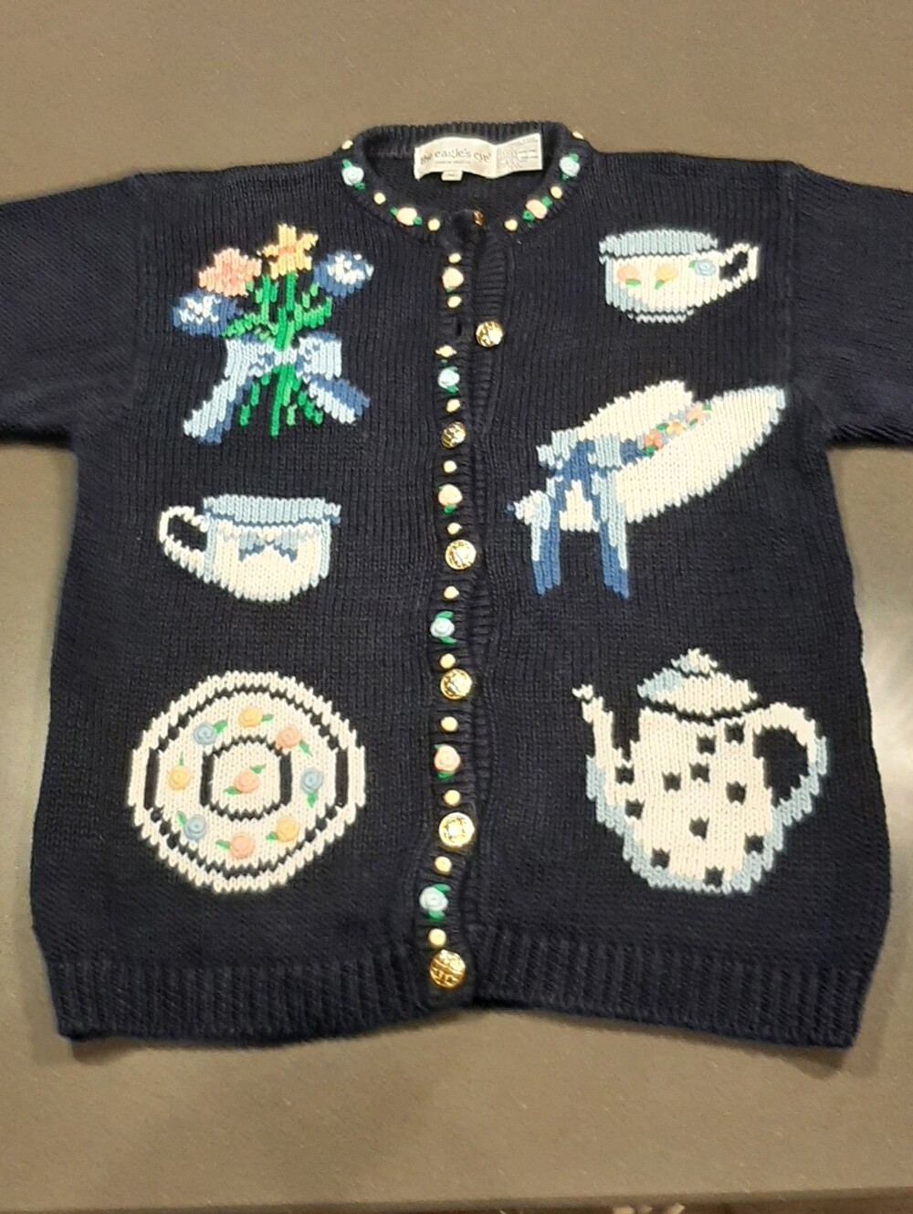 Vintage 1992 The Eagle’s Eye Tea Party Novelty Cardigan Sweater Medium